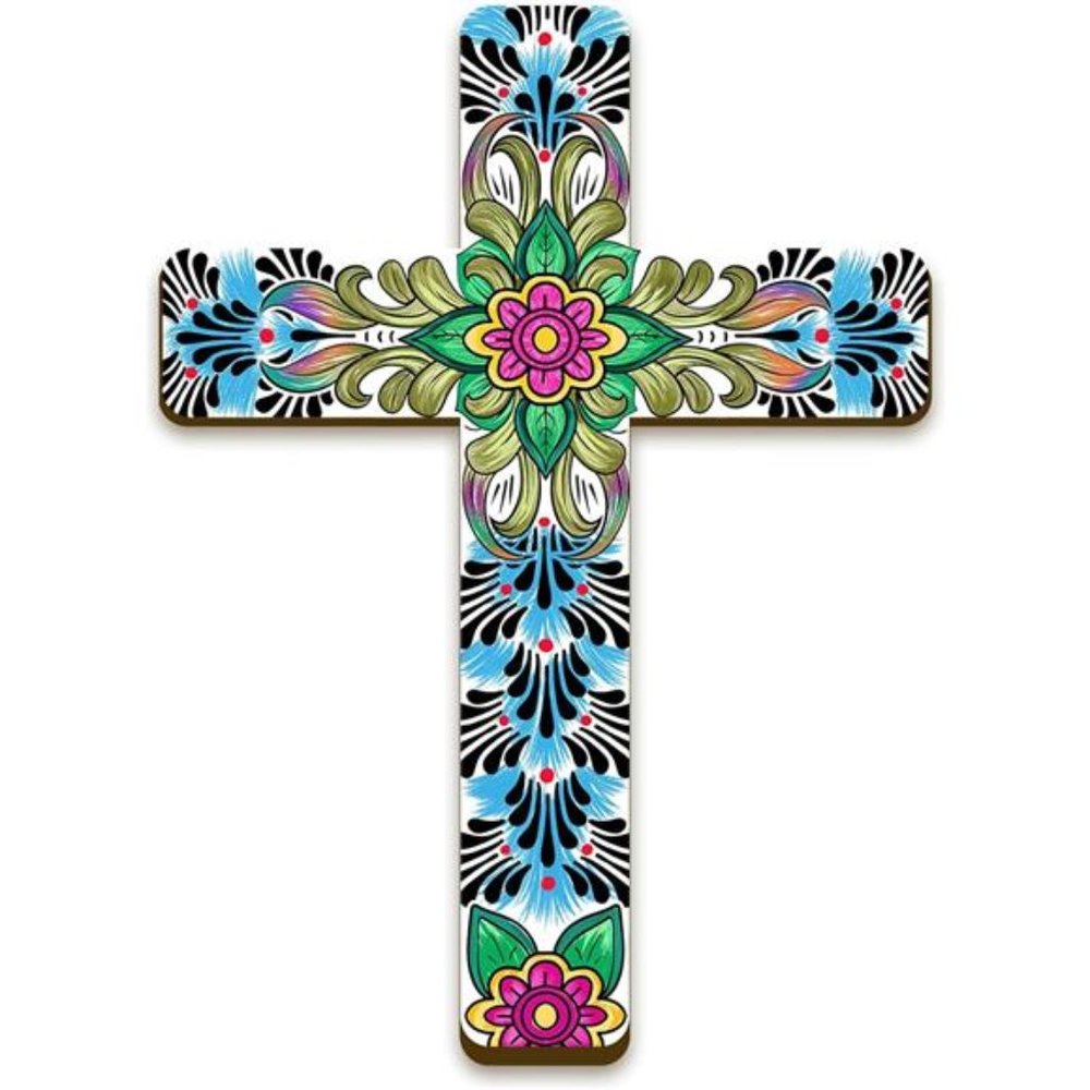 Floral Cross Wall Decor Hand Painted Decorative Wooden Cross Spanish Style
